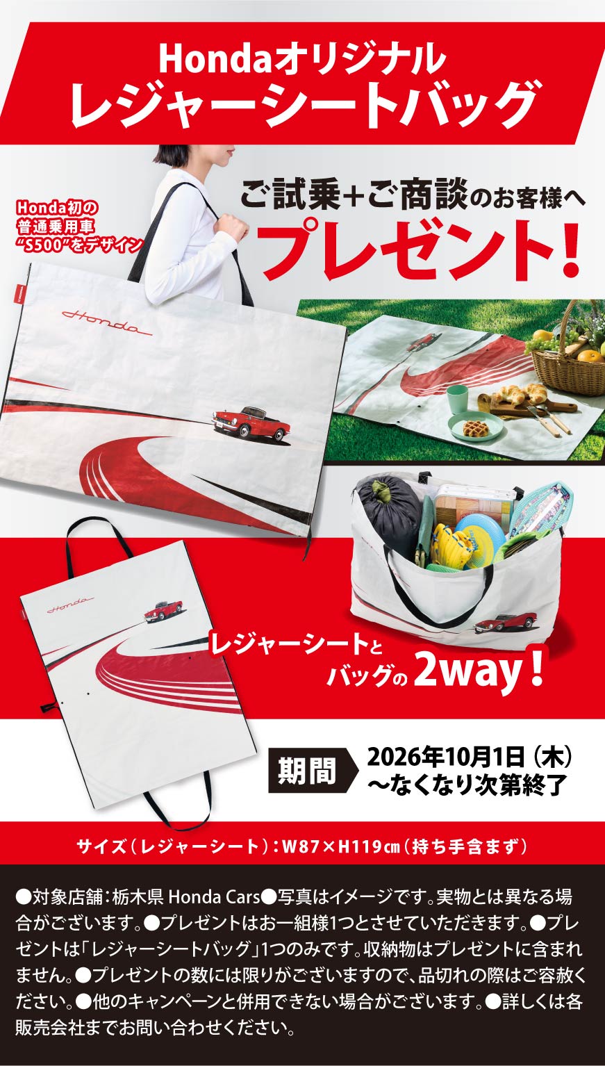 ご試乗＋ご商談でHondaオリジナルレジャーシートバッグプレゼント！