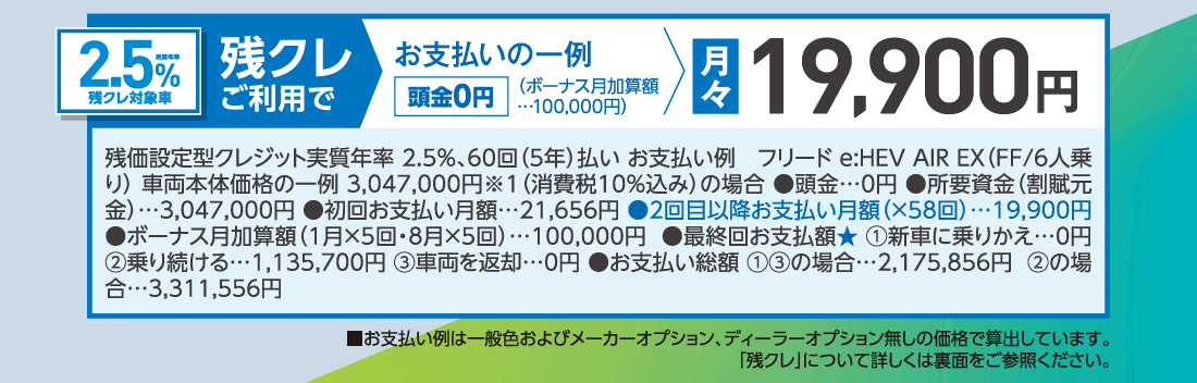 実質年率2.5％残クレ対象車残クレご利用でお支払いの一例頭金0円（ボーナス月加算額…100,000円）月々19,900円残価設定型クレジット実質年率 2.5%、60回（5年）払いお支払い例フリード e:HEV AIR EX（FF/6人乗り）車両本体価格の一例3,047,000円※1（消費税10％込み）の場合●頭金…0円●所要資金（割賦元金）…3,047,000円●初回お支払い月額…21,656円●2回目以降お支払い月額（×58回）…19,900円●ボーナス月加算額（1月×5回・8月×5回）…100,000円●最終回お支払額★①新車に乗りかえ…0円②乗り続ける…1,135,700円 ③車両を返却…0円●お支払い総額①③の場合…2,175,856円②の場合…3,311,556円■お支払い例は一般色およびメーカーオプション、ディーラーオプション無しの価格で算出しています。「残クレ」について詳しくは裏面をご参照ください。