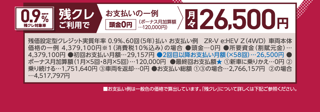 実質年率0.9％残クレ対象車残クレご利用でお支払いの一例頭金0円（ボーナス月加算額…120,000円）月々26,500円残価設定型クレジット実質年率 0.9%、60回（5年）払い お支払い例ZR-V e:HEV Z（4WD）車両本体価格の一例 4,379,100円※1（消費税10％込み）の場合●頭金…0円●所要資金（割賦元金）…4,379,100円●初回お支払い月額…29,157円●2回目以降お支払い月額（×58回）…26,500円●ボーナス月加算額（1月×5回・8月×5回）…120,000円●最終回お支払額★①新車に乗りかえ…0円②乗り続ける…1,751,640円③車両を返却…0円●お支払い総額①③の場合…2,766,157円②の場合…4,517,797円■お支払い例は一般色の価格で算出しています。「残クレ」について詳しくは下記ご参照ください。