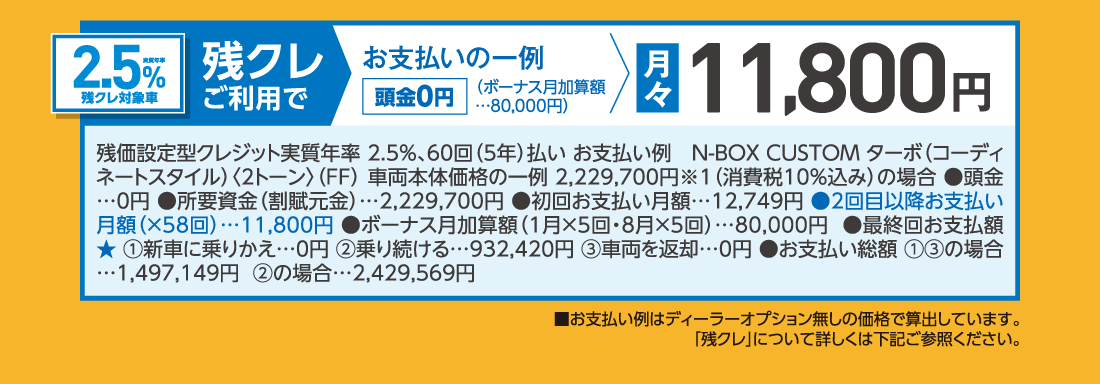 実質年率2.5％残クレ対象車残クレご利用でお支払いの一例頭金0円（ボーナス月加算額…80,000円）月々11,800円残価設定型クレジット実質年率 2.5%、60回（5年）払いお支払い例N-BOX CUSTOM ターボ（コーディネートスタイル）〈2トーン〉（FF）車両本体価格の一例 2,229,700円※1（消費税10％込み）の場合●頭金…0円●所要資金（割賦元金）…2,229,700円●初回お支払い月額…12,749円●2回目以降お支払い月額（×58回）…11,800円●ボーナス月加算額（1月×5回・8月×5回）…80,000円●最終回お支払額★①新車に乗りかえ…0円②乗り続ける…932,420円③車両を返却…0円●お支払い総額 ①③の場合…1,497,149円②の場合…2,429,569円■お支払い例はディーラーオプション無しの価格で算出しています。「残クレ」について詳しくは下記ご参照ください。