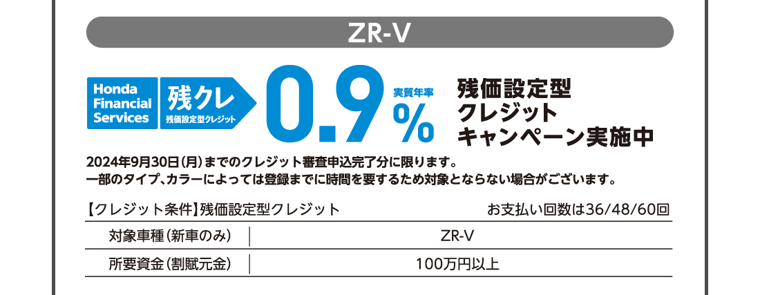 ZR-VHonda Financial Services 残クレ残価設定型クレジット実質年率0.9％残価設定型クレジットキャンペーン実施中2024年6月30日（日）までのクレジット審査申込完了分に限ります。一部のタイプ、カラーによっては登録までに時間を要するため対象とならない場合がございます。【クレジット条件】残価設定型クレジットお支払い回数は36/48/60回対象車種（新車のみ）ZR-V所要資金（割賦元金）100万円以上