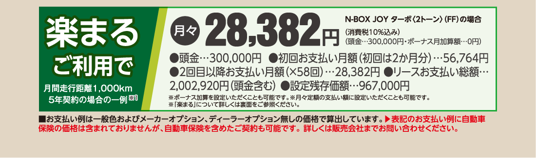 楽まるご利用で月間走行距離1,000km5年契約の場合の一例※1月々28,382円N-BOX JOY ターボ〈2トーン〉（FF）の場合（消費税10%込み）（頭金…300,000円・ボーナス月加算額…0円）●頭金…300,000円  ●初回お支払い月額（初回は2か月分）…56,764円 ●2回目以降お支払い月額（X58回）…28,382円 ●リースお支払い総額…2,002,920円（頭金含む）●設定残存価額…967,000円※ボーナス加算を設定いただくことも可能です。※月々定額の支払い額に設定いただくことも可能です。※「楽まる」について詳しくは裏面をご参照ください。■お支払い例は一般色およびメーカーオプション、ディーラーオプション無しの価格で算出しています。▶表記のお支払い例に自動車保険の価格は含まれておりませんが、自動車保険を含めたご契約も可能です。詳しくは販売会社までお問い合わせください。