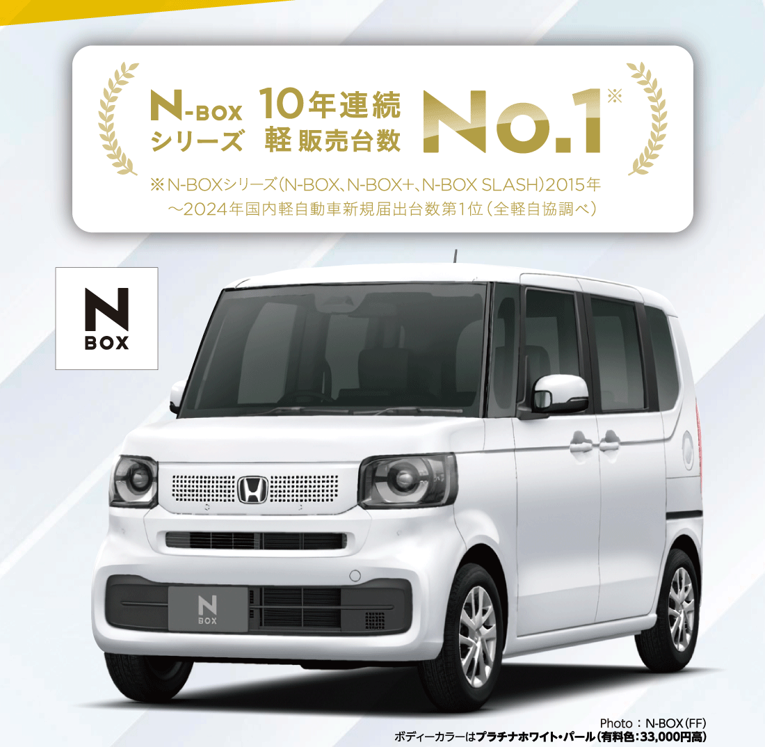 N-BOXシリーズ10年連続軽販売台数NO.1※N-BOXシリーズ（N-BOX、N-BOX+、N-BOX SLASH）2045年〜2024年国内軽自動車新規届出台数 第1位（全軽自協調べ）Photo:N-BOX（FF）ボディーカラーはプラチナホワイト・パール（有料色:33,000円高）