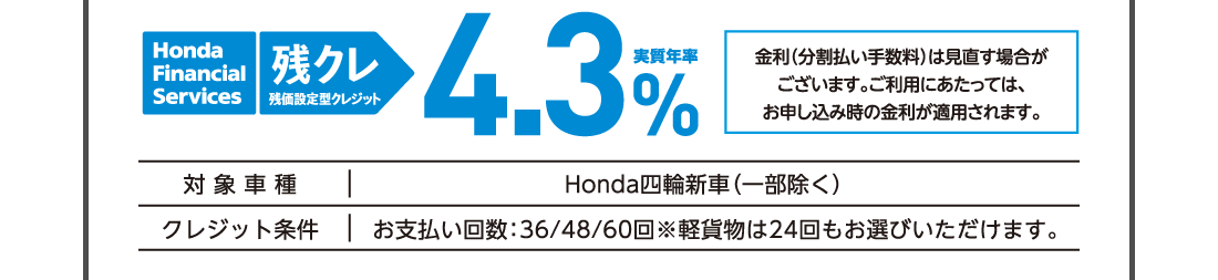 Honda Finantial Services 残クレ残価設定型クレジット実質年率4.3%金利（分割払い手数料）は見直す場合が	ございます。ご利用にあたっては、お申し込み時の金利が適用されます。対象車種Honda四輪新車（一部除く）クレジット条件お支払い回数:36/48/60回※軽貨物は24回もお選びいただけます。