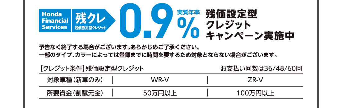 残価設定型クレジットHonda Finantial Services 残クレ残価設定型クレジット実質年率0.9%残価設定型クレジットキャンペーン実施中予告なく終了する場合がございます。あらかじめご了承ください。一部のタイプ、カラーによっては登録までに時間を要するため対象とならない場合がございます。【クレジット条件】残価設定型クレジットお支払い回数は36/48/60回対象車種（新車のみ）WR-VZR-V所要資金（割賦元金）50万円以上100万円以上