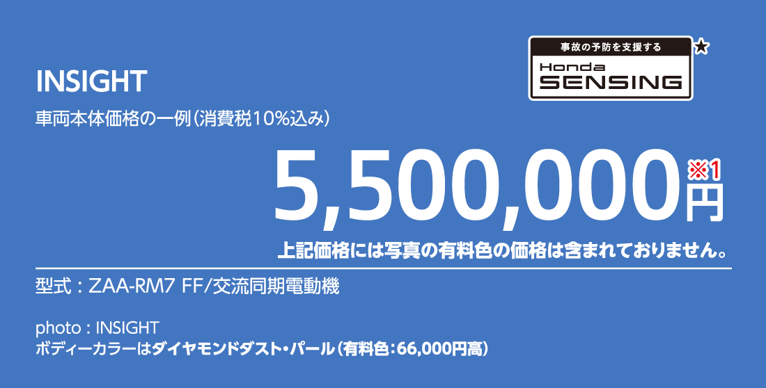 INSIGHT車両本体価格の一例（消費税10%込み）5,500,000円※1上記価格には写真の有料色の価格は含まれておりません。型式:ZAA-RM7 FF/交流同期電動機事故の予防を支援するHondaSENSING★photo:INSIGHTボディーカラーはダイヤモンドダスト・パール（有料色:66,000円高）